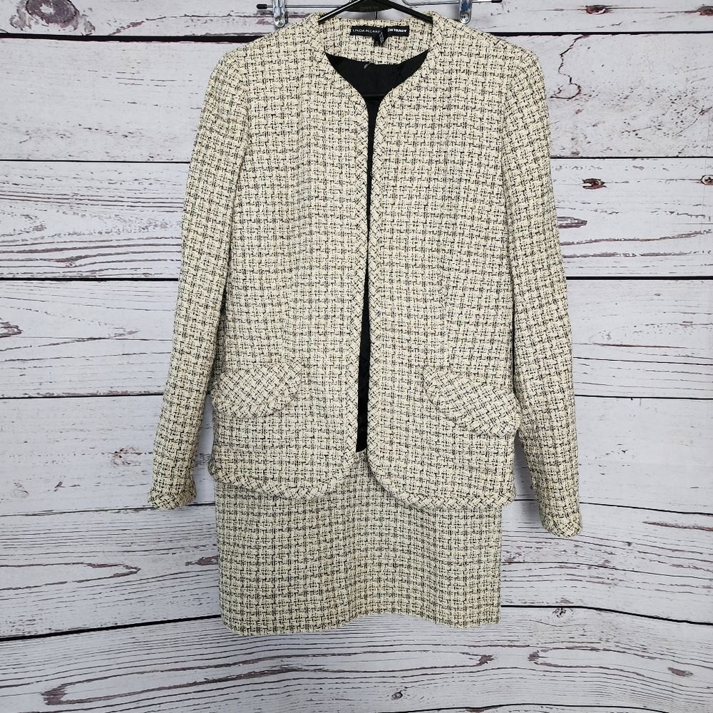 Linda Allard Ellen Tracy Silk Blend Tweed Skirt Suit Set Jacket 4 Skirt 6 Cream
